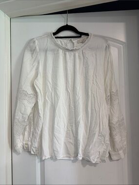 LOFT White Long-Sleeve Lace Panel Peasant Top